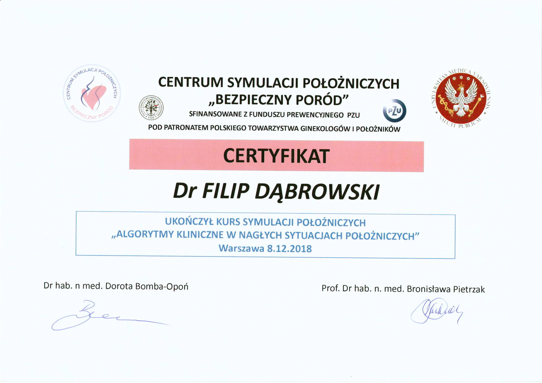 dr F. Dabrowski - certyfikat kursu algorytmy kliniczne w naglych sytuacjach polozniczych.jpg